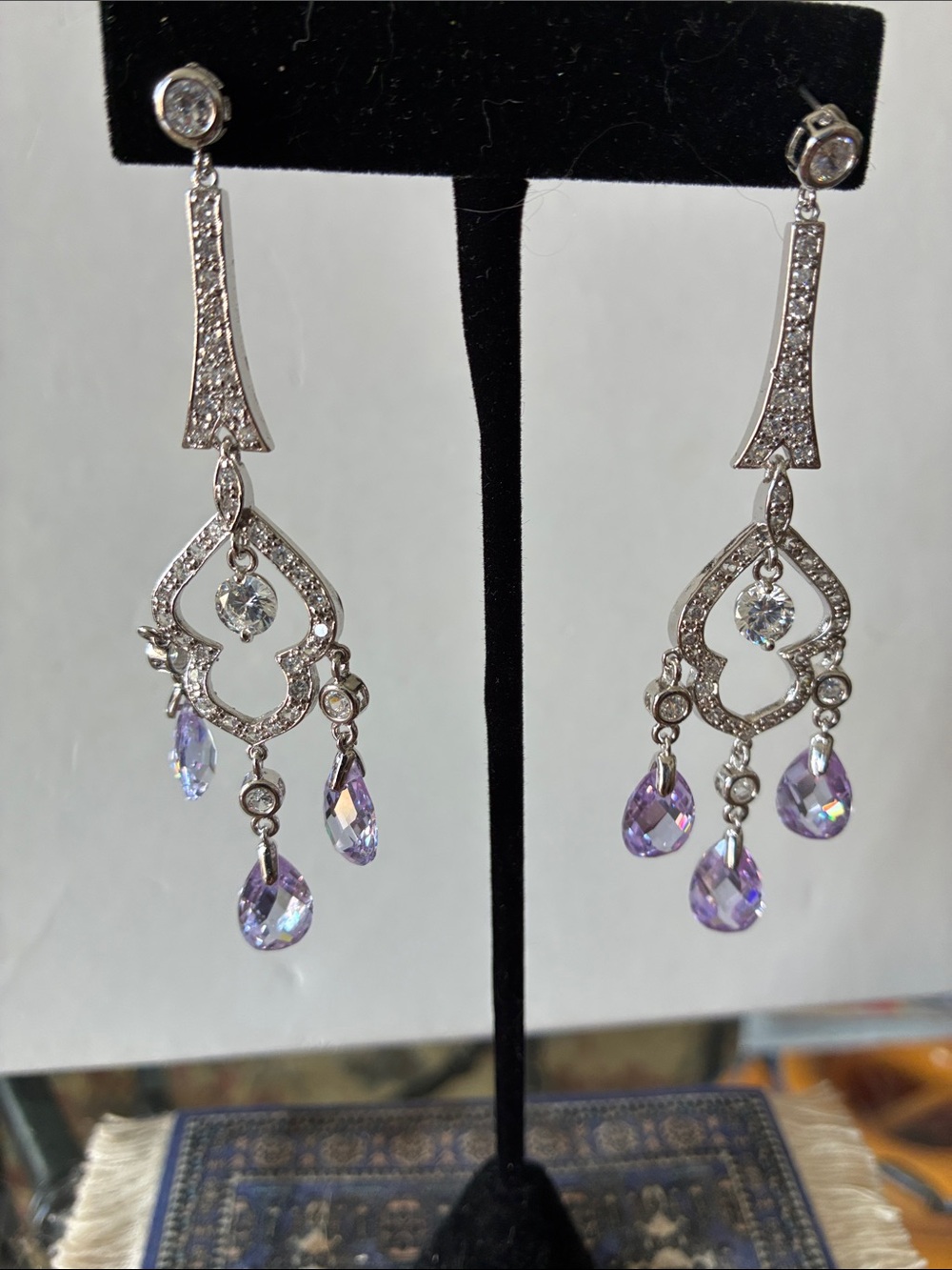 Silver-Tone Drop Earrings with Lavender Crystal Teardrops